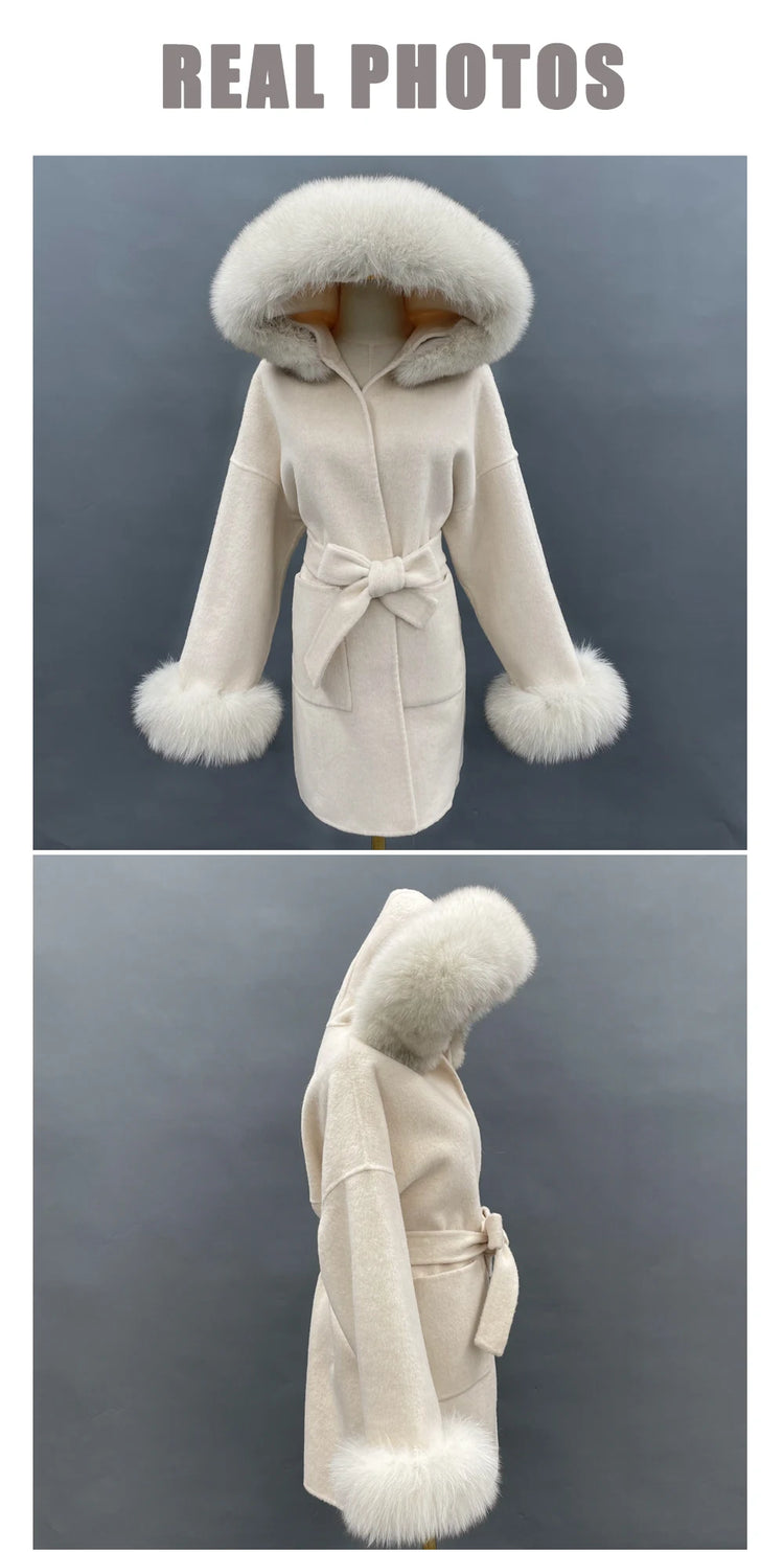 MISSJANEFUR Wool Coat with Real Fox Fur Collar Cuff Women Fashion Belted Cashmere Coats Warm Winter Hooded Trench Peacoat