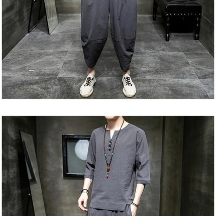 Stile giapponese due pezzi t-shirt pantaloni uomo uomo abiti Kimono maniche corte giappone Harajuku Yukata Cardigan Costume top pantaloni