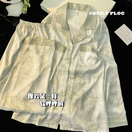 Set pigiama in raso da donna primavera New Classic Sandpainting pigiama Set manica lunga bottone verde pigiama Lounge Pant donna Sleepwear