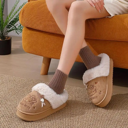 Women's Cute Cartoon Cat Plush Slippers Winter Warm Indoor Non-Slip Bow Embroidered Closed Toe Soft Fluffy House Shoes for Ladie