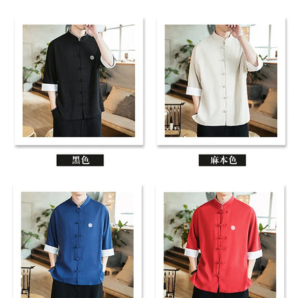 Camicia stile cinese da uomo Tang Suit Lino Kung Fu Cardigan maschile allentato Top Ricamo retrò Camicie kimono samurai giapponesi Streetwear