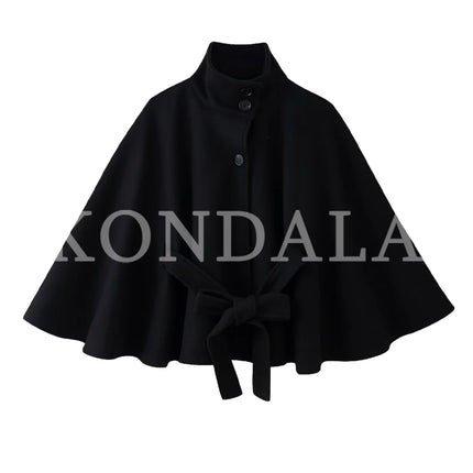 KONDALA Women Fall Casual Elegant Cloak Jacket Stand-Collar Soft Tweed Belt Jacket New 2026 Autumn Winter Trendy Cape Style Coat
