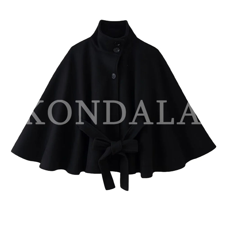 KONDALA Women Fall Casual Elegant Cloak Jacket Stand-Collar Soft Tweed Belt Jacket New 2026 Autumn Winter Trendy Cape Style Coat