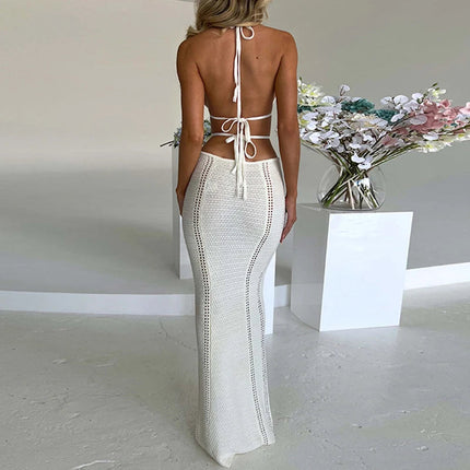 Abito da annodare senza schienale scollato stile sexy Abito da donna per le vacanze al mare Copricostume lavorato a maglia Abito lungo con protezione solare per il bagno del sole platinumshop