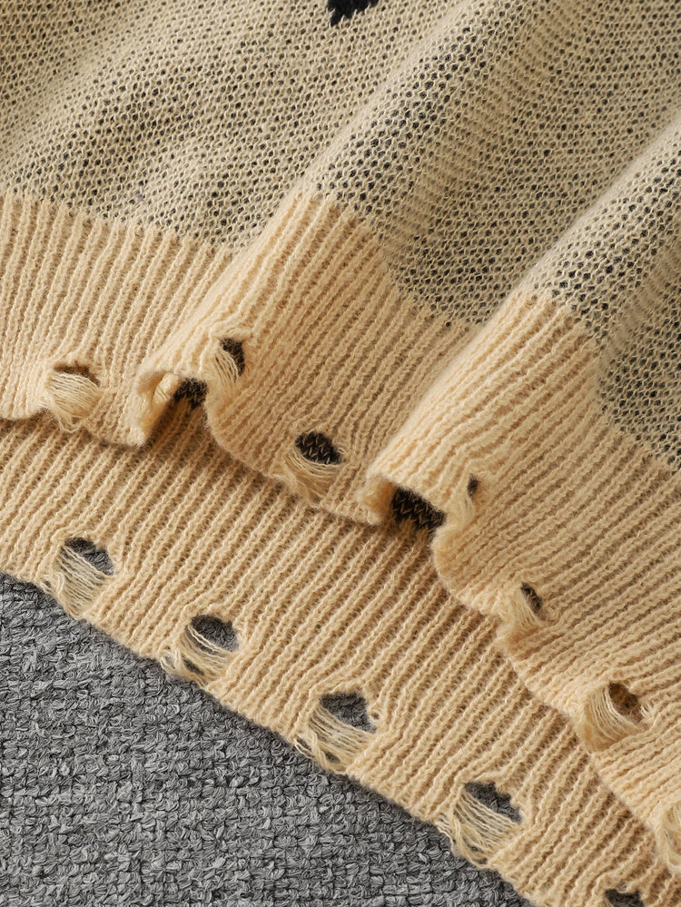Trendy Street Style Ripped Cross Pattern Pullover Ripped Sweater Casual Crew Neck Knit Men's Pullover