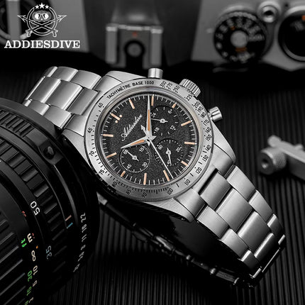ADDIESDIVE Watch New 37mm Chronograph Men Quartz Wristwatch Domed Glass 316L Stainless Steel 100m Waterproof C3 Luminous AD2552
