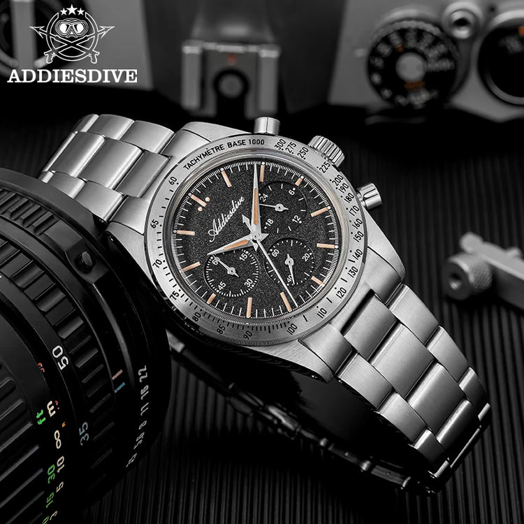 ADDIESDIVE Watch New 37mm Chronograph Men Quartz Wristwatch Domed Glass 316L Stainless Steel 100m Waterproof C3 Luminous AD2552