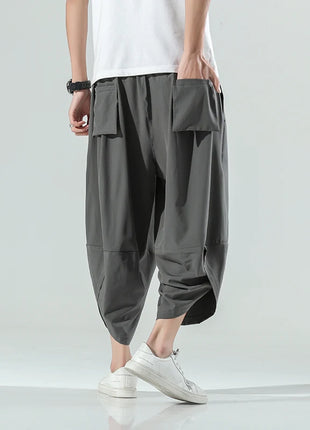 Pantaloncini Estivi da Uomo Stile Cinese Harajuku, Pantaloni Harem Oversize, Pantaloni Vintage Traspiranti a Tinta Unita, Lunghezza al Polpaccio