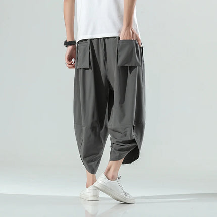 Pantaloncini Estivi da Uomo Stile Cinese Harajuku, Pantaloni Harem Oversize, Pantaloni Vintage Traspiranti a Tinta Unita, Lunghezza al Polpaccio