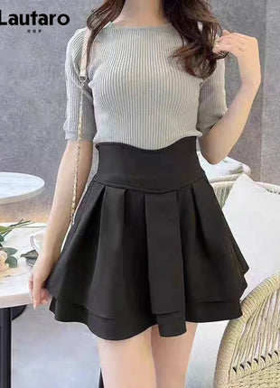 Minigonna a balze Lautaro Primavera Estate Nera Dolce Carina Kawaii a Vita Alta da Donna, Abbigliamento Cutecore Stile Giapponese Moda