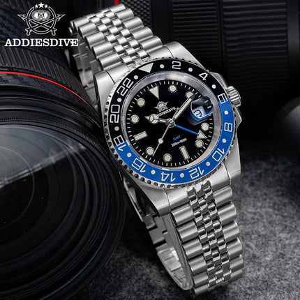 ADDIESDIVE 40mm GMT Watch Men Top Brand Quartz Wristwatch Luxury Ceramic Bezel 20Bar Diving Waterproof Luminous Watch AD2050
