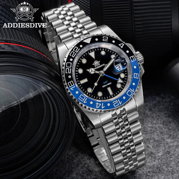 ADDIESDIVE 40mm GMT Watch Men Top Brand Quartz Wristwatch Luxury Ceramic Bezel 20Bar Diving Waterproof Luminous Watch AD2050