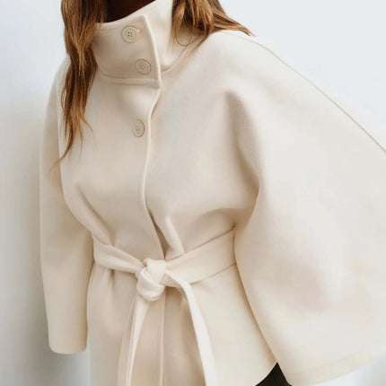 Women Lace Up High Neck Jackets for Women with Belt Elegant Windbreaker Faux Wool Blends Cape Korean Solid Windbreaker Cloak
