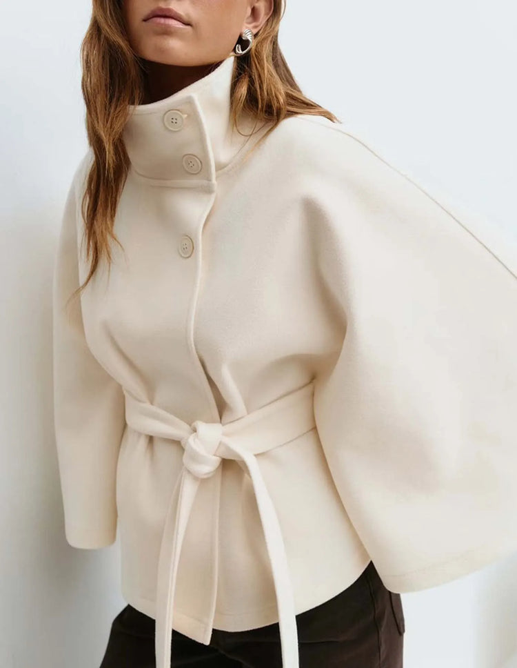 Women Lace Up High Neck Jackets for Women with Belt Elegant Windbreaker Faux Wool Blends Cape Korean Solid Windbreaker Cloak