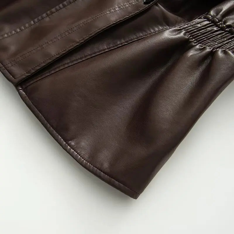 Vintage Elastic Waist Cinching Brwon Leather Jacket Women Casual Lapel Zipper Pu Coat Lady Autumn Outdoors Highstreet Outwear