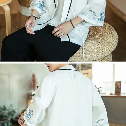Japan Samurai Shirt uomo ricamato Kimono giapponese manica corta Cardigan uomo estate sottile moda Casual Yukata Cardigan Top uomo
