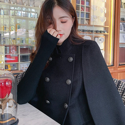 French Elegant Retro Hepburn Style Stand Collar Double-breasted Loose Temperament Commuter Woolen Jacket Cape Cloak Women Autumn