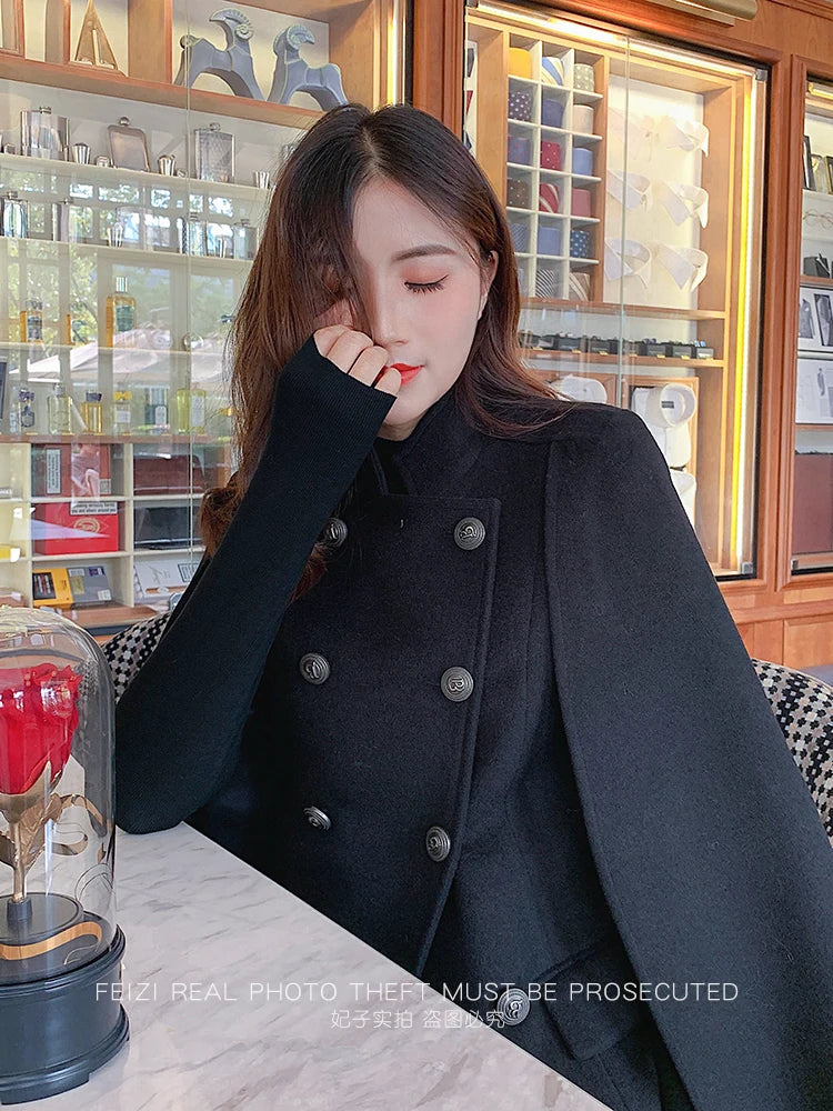 French Elegant Retro Hepburn Style Stand Collar Double-breasted Loose Temperament Commuter Woolen Jacket Cape Cloak Women Autumn