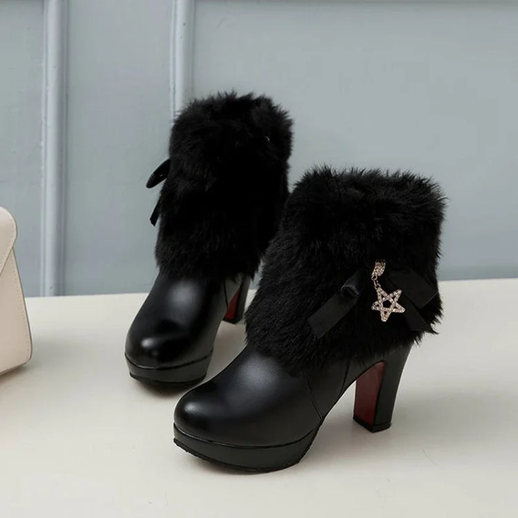 Snow Boots Womens Winter Warm Plush Fashion High Heels Pink White Black Fur Bowt Dress Party Wedding Platform Boots 526-1