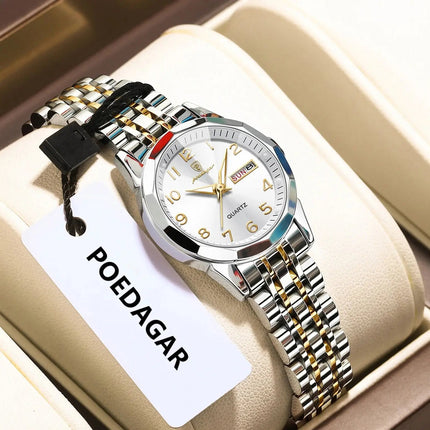 POEDAGAR elegante orologio da polso da donna al quarzo impermeabile luminoso data settimana orologio da donna orologi da donna casual in acciaio inossidabile reloj platinumshop
