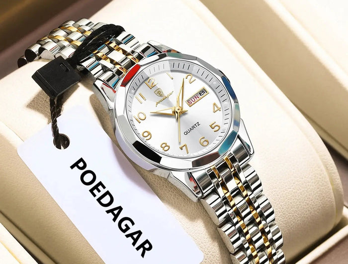 POEDAGAR elegante orologio da polso da donna al quarzo impermeabile luminoso data settimana orologio da donna orologi da donna casual in acciaio inossidabile reloj platinumshop