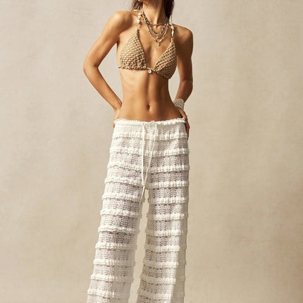 Pantaloni Estivi 2026 Casual Larghi a Gamba Larga in Maglia Tinta Unita da Donna per Vacanze e Spiaggia Stile Semplice Trasparenti platinumshop