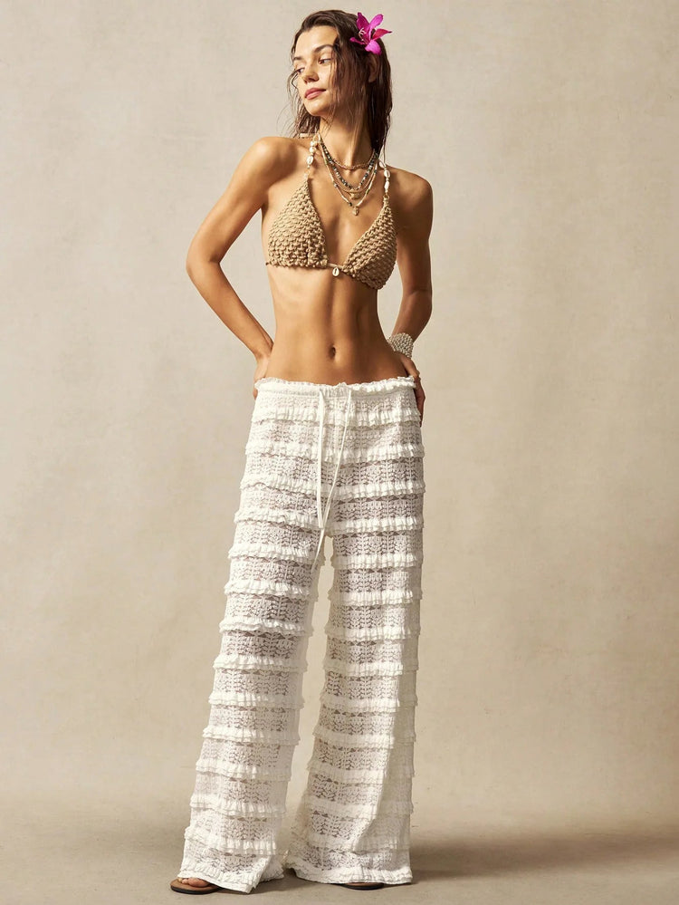 Pantaloni Estivi 2026 Casual Larghi a Gamba Larga in Maglia Tinta Unita da Donna per Vacanze e Spiaggia Stile Semplice Trasparenti platinumshop