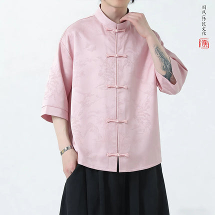 Camicie Estive da Uomo di Lusso in Jacquard Traspirante a Maniche Corte, Stile Cinese Tradizionale Kung Fu Tai Chi, Camicia Casual da Uomo