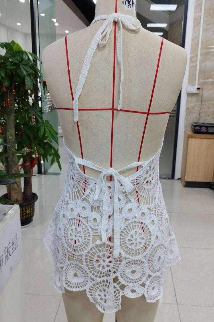 Yiiciovy Abito da bagno all'uncinetto con fiori Copricostume da spiaggia da donna Slim con scollo a U scava fuori senza maniche con orlo irregolare Mini abito da spiaggia platinumshop