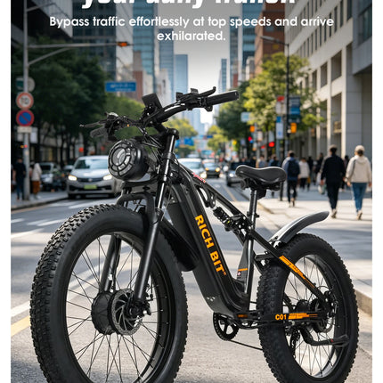 Bici Elettrica Fuoristrada C01, E-bike da Montagna 26'', Doppio Motore, Potenza di Picco 3000W, Batteria al Litio Rimovibile 48V 20Ah, Doppia Sospensione, Velocità Massima 60-63km/h