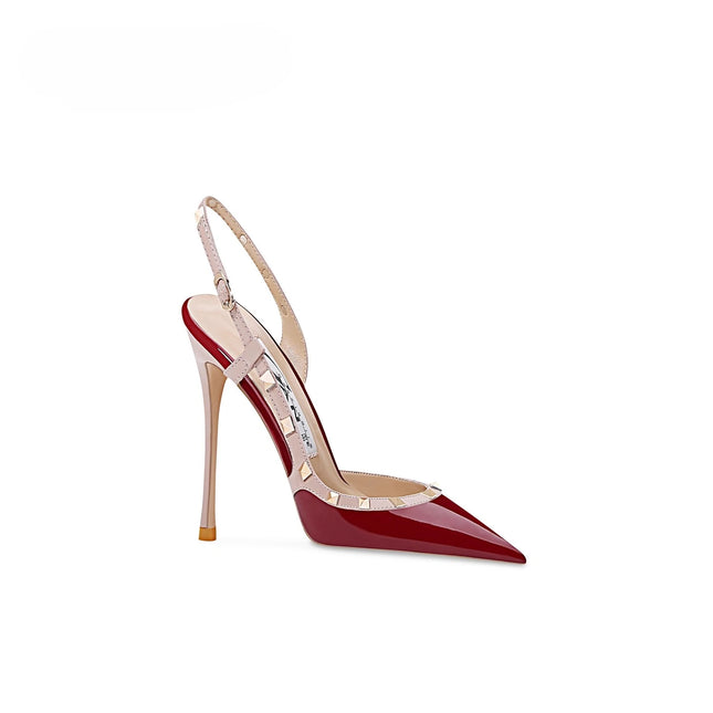 New European and American sexy red wine high heels for women, pointed toe stilettos, shallow mouth, riveted single shoes sandals