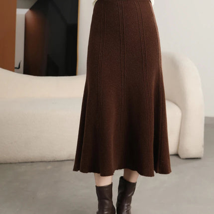 Grace Women's Skirt 100% Merino Wool Skirt Hip Hugging A-Line Wave Skirt Knitted Warm Autumn Winter Dress Slim Office Lady Skirt PlatiNum