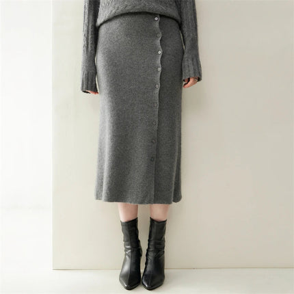 Women 100% Cashmere Skirts Office Lady Autumn Winter Knitted High Waist A-Skirt Graceful Long Warm front-open skirt with buttons PlatiNum