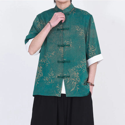 Camicie da uomo estive di lusso in jacquard con foglie di bambù, camicia a maniche corte da uomo in stile cinese tradizionale, camicia casual da uomo per Kung Fu e Tai Chi