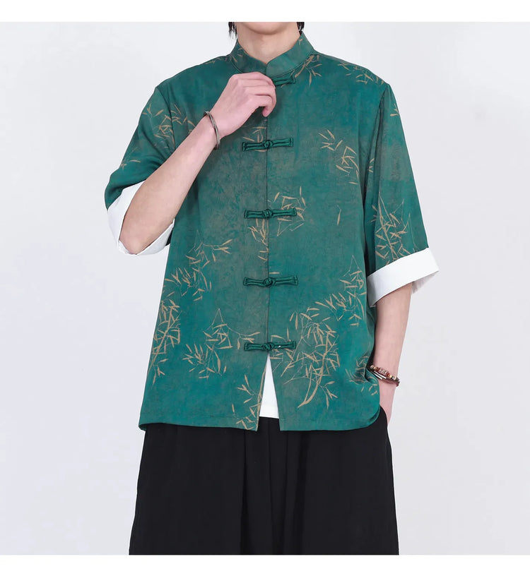 Camicie da uomo estive di lusso in jacquard con foglie di bambù, camicia a maniche corte da uomo in stile cinese tradizionale, camicia casual da uomo per Kung Fu e Tai Chi