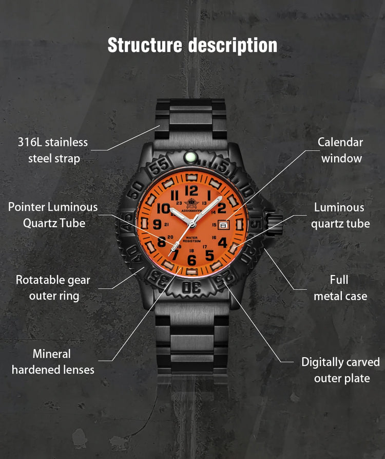 ADDIESDIVE 44mm Men's  Wrist Watch 50m Water Resistant Large Luminous Dial Date Display Stainless Steel Men's Quartz Watch