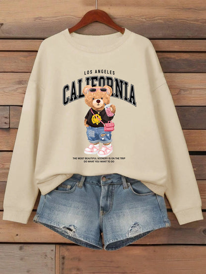 Little Bear Drinking Milk Tea Printed Women Pullover O-Neck Loose Streetwear Casual Autumn Clothes Fleece All-Match Sweatshirt