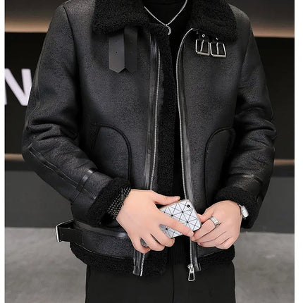 High-quality Faux Fur Leather Jackets Men Splicing Pockets Trend Casual Motorcycle Bike Jacket Winter Thick Warm Coat Streetwear