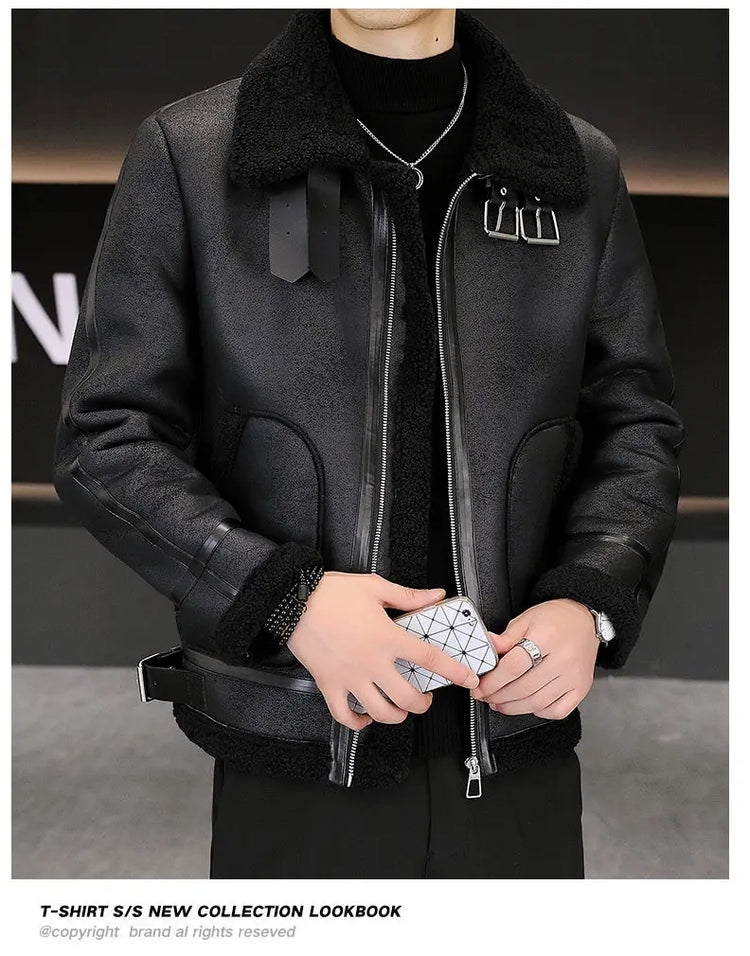 High-quality Faux Fur Leather Jackets Men Splicing Pockets Trend Casual Motorcycle Bike Jacket Winter Thick Warm Coat Streetwear