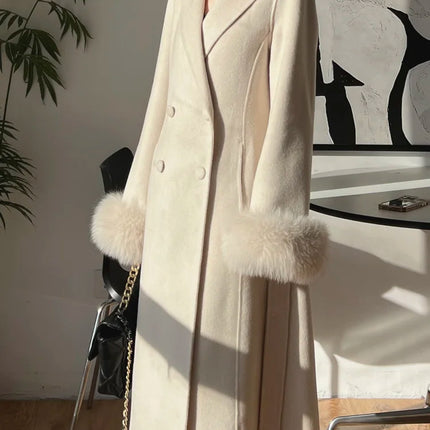 Autumn Winter Korean High-end Real Fox Fur Sleeves Women Black Slim Fit Waist Cinched Double-sided Wool Coat Long Woolen Coat