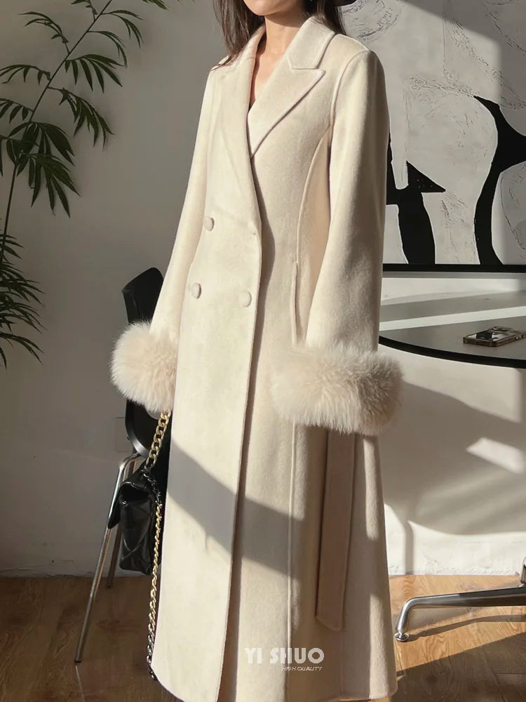 Autumn Winter Korean High-end Real Fox Fur Sleeves Women Black Slim Fit Waist Cinched Double-sided Wool Coat Long Woolen Coat