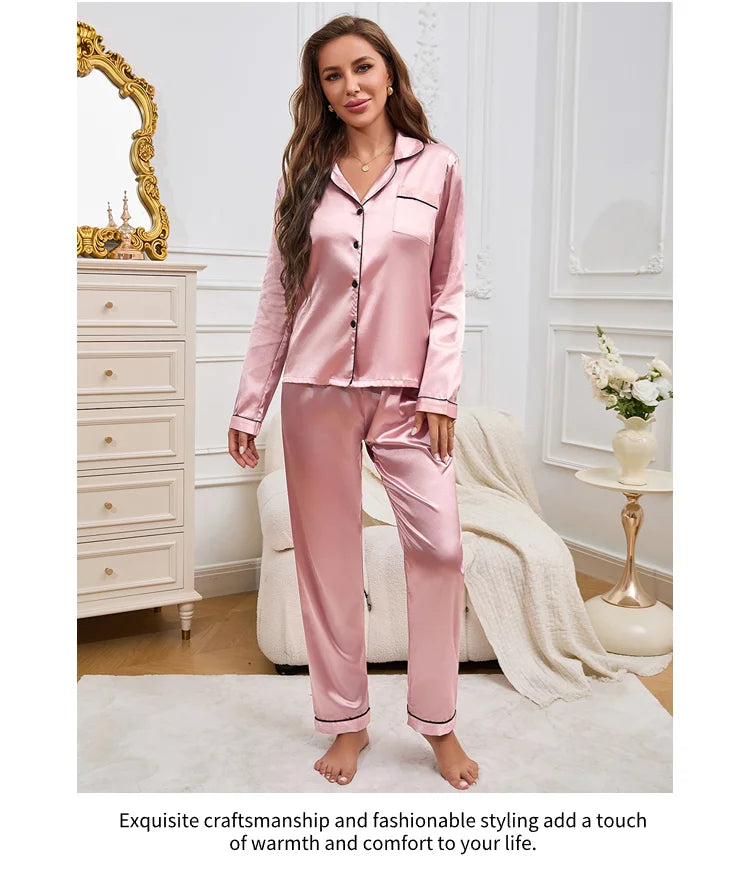 Pigiama da donna Completo da notte Completo da pigiama Pj Set Top a maniche lunghe in raso con pantaloni Pigiama da 2 pezzi Pigiama da donna