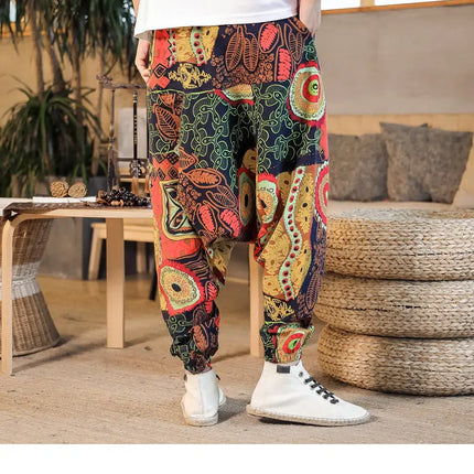 Pantaloni Harem da Uomo 2026 Stile Retrò con Stampa, Pantaloni Jogger Larghi e Comodi con Cavallo Ribassato, Stile Nepal Oversize, Pantaloni Casual da Uomo con Cavallo Ribassato