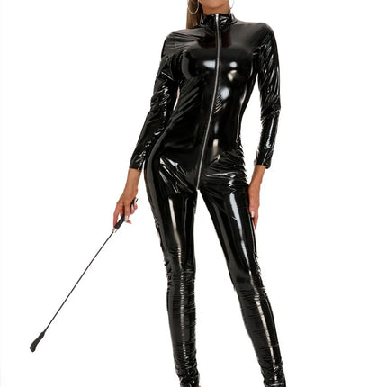 Sexy Lingerie Bodysuit, Shiny PVC & PU Leather Tight Corset Jumpsuit 3‑Zipper Crotch‑Open Glossy Wetlook Leather Outfit Sexy