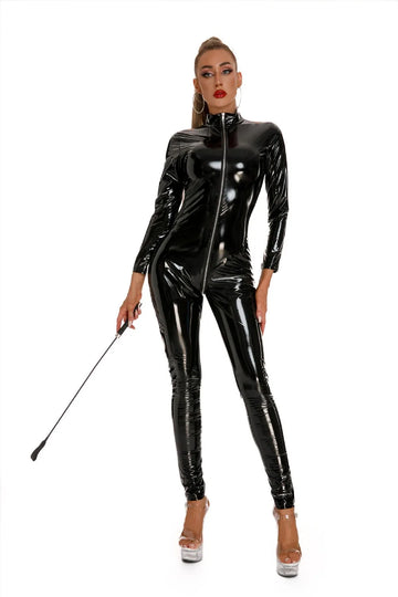 Sexy Lingerie Bodysuit, Shiny PVC & PU Leather Tight Corset Jumpsuit 3‑Zipper Crotch‑Open Glossy Wetlook Leather Outfit Sexy