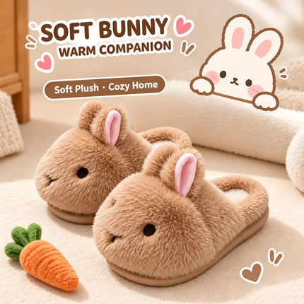 Cute Brown Bunny Plush Slippers Women Winter Warm Rebound Soft Sole House Shoes Indoor Fuzzy Non-Slip Comfortable Home Footwear