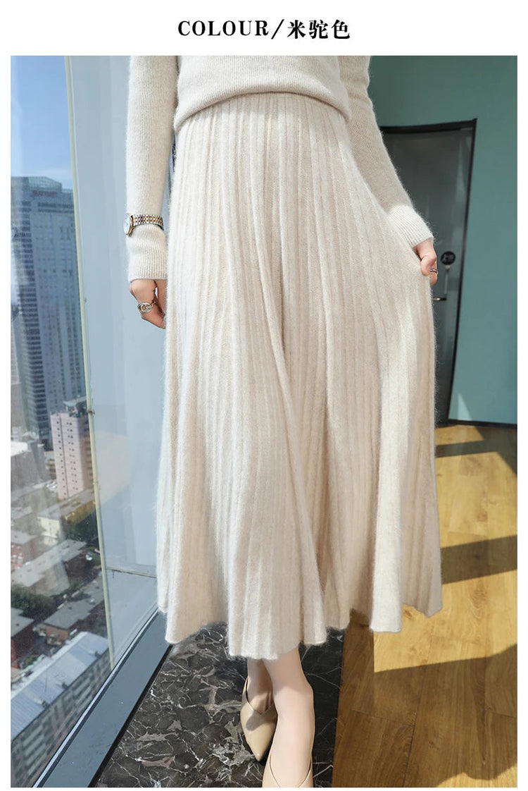 FRSEUCAG Autumn and winter women's warm half skirt 100% mink cashmere pleated skirt thick long skirt soft and loose fashionable PlatiNum
