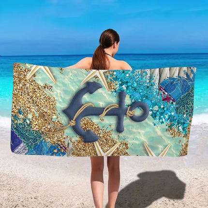 1pc Ocean Element Printed Beach Towel, Starfish Boat Anchor Gym Workout Towel For Travel Pool Yoga