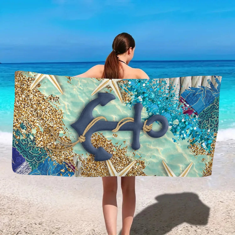 Telo mare stampato con elemento oceano da 1 pezzo, stella marina, ancoraggio per barca, telo da allenamento per palestra, yoga, piscina da viaggio