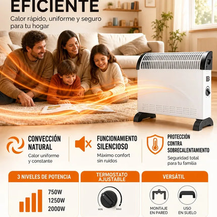 2000W Silent Electric Convector Radiator with 3 Power Levels, Adjustable Thermostat and Overheating Protection, Wall or Floor Heater for Home or Office